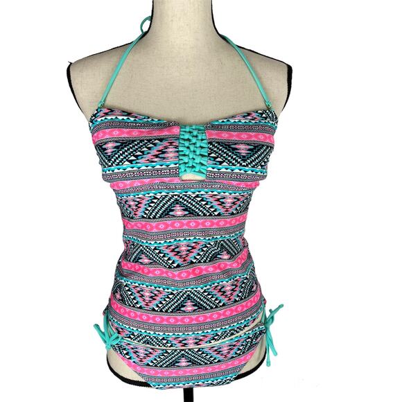 Island Soul Halter Tankini Swimsuit Pink & Black Ikat Stripe Strapless Bikini Sm - Picture 16 of 16